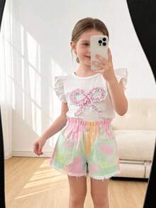 Quần short denim nhuộm tie-dye cho bé gái, hàng mới về mùa hè, kiểu dáng dễ thương, màu sắc tươi tắn, viền rách kiểu túi giấy, eo chun, túi lớn, dáng rộng, thoải mái, chất liệu denim cotton chải kỹ, đa năng cho trang phục đi chơi, nghỉ hè. - Hồng - Xem 4