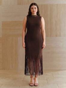 Anewsta Vestido Elegante Plus Size para Mulheres, Vestido para Férias, Vestido Minimalista de Passeio de Verão, Vestido Sem Mangas de Gola Alta com Enfeites e Borlas Longas Marrons - Café - Visão 6