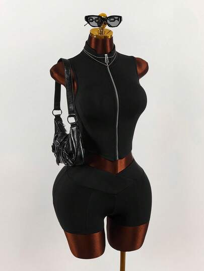 Amplova Women's Solid Color Fitted Front Zipper Vest And Shorts Sports Suit