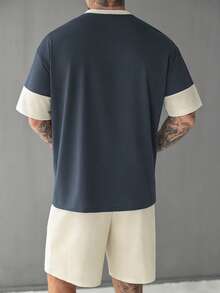Manfinity Homme Men's Colorblock Casual T-Shirt And Drawstring Waist Shorts Set - Multicolor - View 2