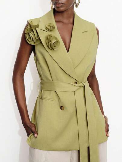 Aveloria Modichic Minimalist Elegant Quality Women's Commute Versatile Daily Wear Sophisticated 3D Decorative Belt Collar Sleeveless Blazer