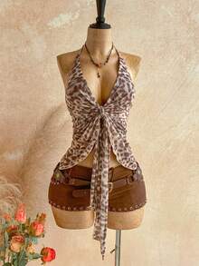 Soleia Women's Leopard Print Pleated Asymmetric Hem Halter Neck Camisole - Apricot - View 4