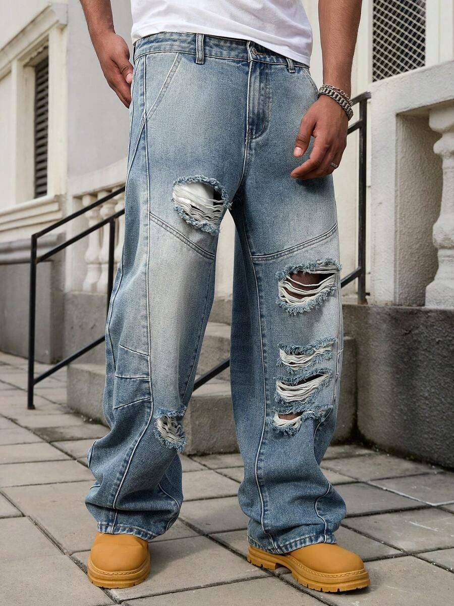 GALLERY FADE Men's Street Fashion Distressed Washed Loose Wide-Leg Jeans - Light Wash - View 1
