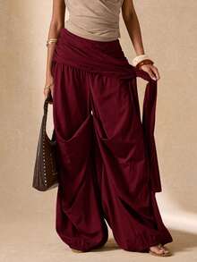 SHEIN BAE Damen Einfarbige Plissee Taille Weite Bein Loose Hose - Bordeaux - Übersicht 7