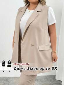 SHEIN CURVE+ Áo vest blazer cổ ve lật hai nút cỡ lớn, trang phục công sở, lễ tốt nghiệp, tựu trường, trang phục giáo viên dành cho nữ mùa thu/đông. - Màu be - Xem 10