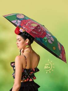 Frida Kahlo X SHEIN 1pc Floral Pattern Printed Umbrella, UV Protection UPF 50+, Perfect For School, Work, Outdoor And Daily Use, Designed For College Students, High School Students, Men And Women, Mexican Style, Tropical Flowers, Butterfly, Frida Kahlo, Vintage Art, Women Power - color - View 2
