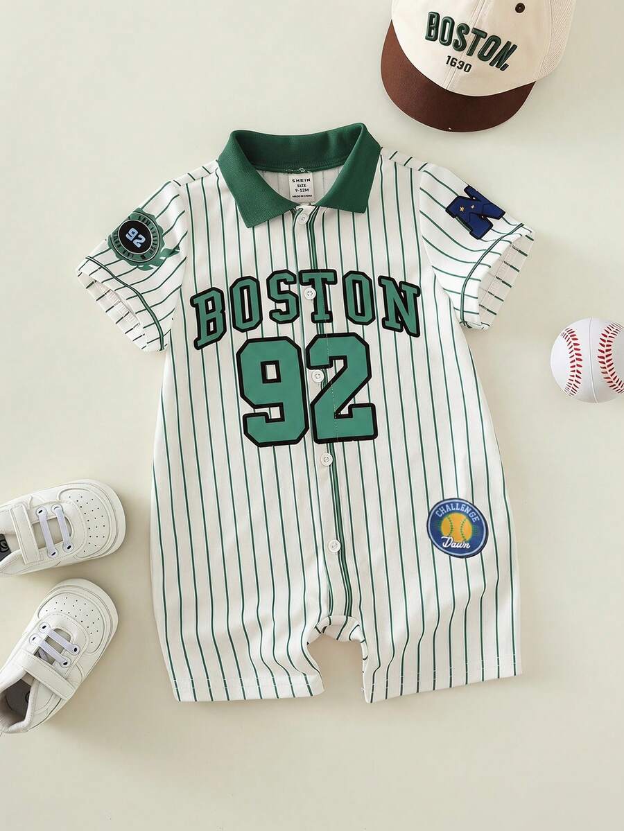 SHEIN Romper Bayi Baru Lahir Unisex Lucu Gaya Olahraga Musim Panas dengan Motif Huruf & Garis - Hijau - View 1