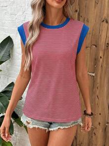 SHEIN LUNE Áo thun nữ dáng rộng cổ tròn viền sọc, thích hợp mặc mùa hè. - Đỏ - Xem 3