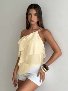 Aloruh 春夏新款优雅浪漫约会之夜情人节婚礼季粉色雪纺单肩露背层叠荷叶边上衣，性感沙滩荷叶边上衣，婚礼服，优雅浪漫粉色衬衫 - 米色 - 查看 3