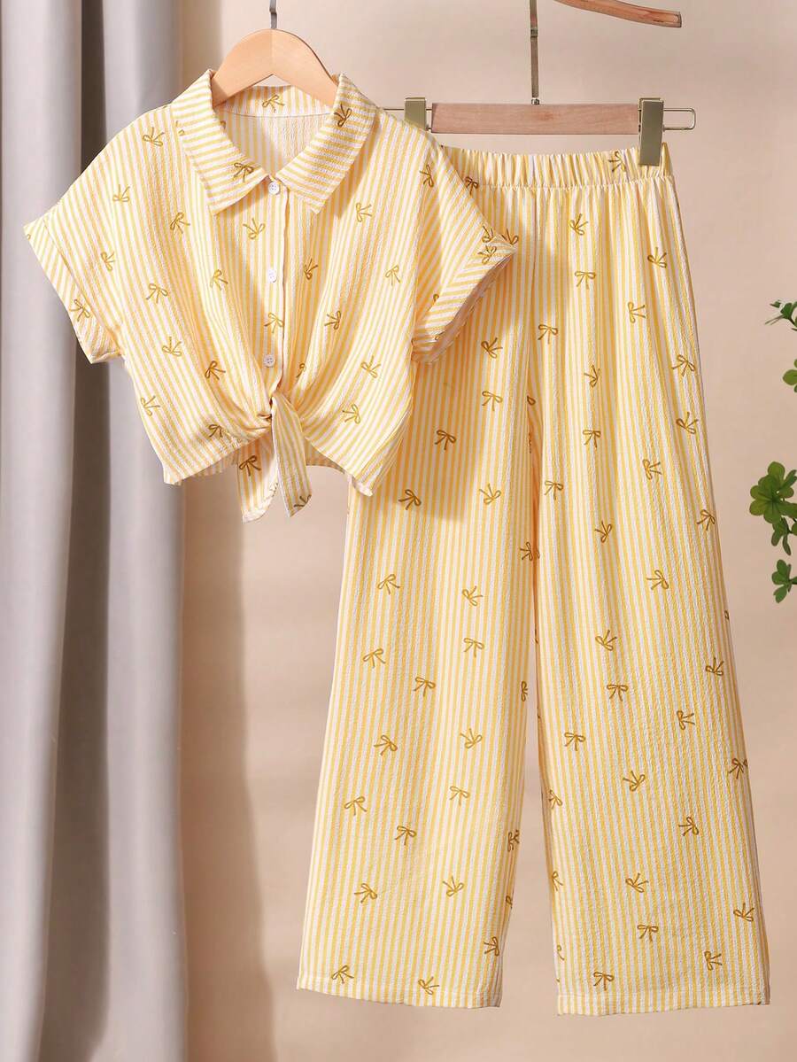 2pcs/Set Girls Pink Striped Textured Fabric Short Sleeve Shirt And Casual Pants,Cute Summer White Family Matching Outfit,Collared Button-Up Bow Top - Yellow - View 1