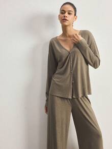 Ocili Minimalist Comfortable Collarless Soft Pajama Set For Women - Mocha Brown - View 5