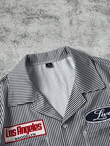 Manfinity Roghcode Men's Striped Printed Fabric, Loose Fit, Letter Graphic Shirt - Black and White - View 2