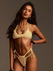 Athîral 女士休闲两件式比基尼套装，细肩带系带泳衣，适合海滩穿着 - 黃色 - 查看 2