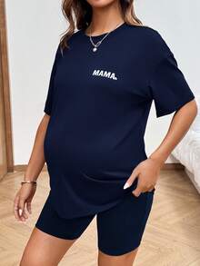 SHEIN 2pcs Maternity Letter Print Casual Short Sleeve T-Shirt And Adjustable Waist Shorts Set - Navy Blue - View 8