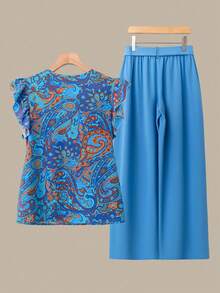 Linhara Plus Size Women's Paisley Colorful Cashew Flower Print V-Neck Ruffle Sleeve Top And Solid Color Drawstring Pants 2-Piece Set - Blue - View 2