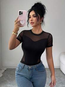 Elenzga 女士优雅黑色网纱拼接圆领短袖修身连体衣，春夏款 - 黑色 - 查看 6