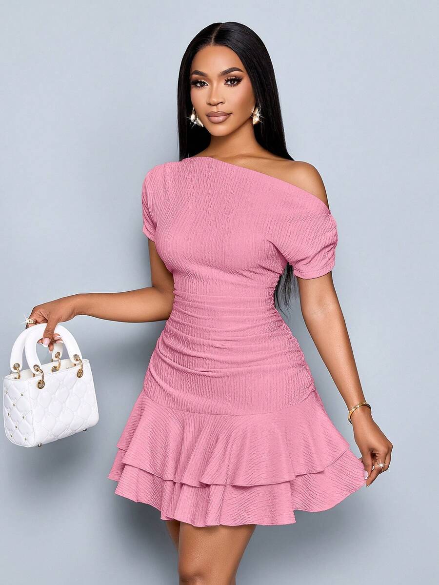 SOLERSUN Women's Elegant Party Date Night Daytime Knitted Asymmetrical Neck Gathered Double Ruffle Mini Dress Dusty Pink Summer - Baby Pink - View 1