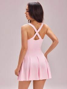 Sovereign Charm Casual Versatile White Sleeveless Backless Cross Design With Pocket Lining Slim Fit Sports Dress - Pink - View 2