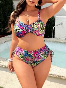 Swim Vcay Plus Size Women 2pcs/Set Random Print Casual Swimwear Set - Multicolor - View 3