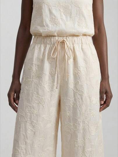 Ontre Women's Apricot Embroidered Comfortable Soft Fabric Elastic Waist Straight Leg Wide Leg Pants, Embroidered Craftsmanship, Modern Resort Beach Bohemian Style, Country Music Festival Western Style Casual Fashion, Low-Key Vintage High-End Feel, Cruise Wear, Minimalist Luxurious Quality Essential Outfit, Business Casual Urban Commuter Clothing, High-Quality Airport Fashion, Versatile Seasonal Women's Trousers Boho