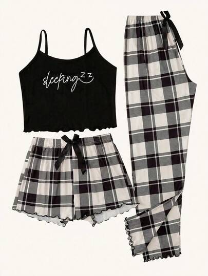 Chillnights Alphabet Printed Cami Top + Alphabet Plaid Printed Shorts And Pants Pajamas Set (3 Pieces)