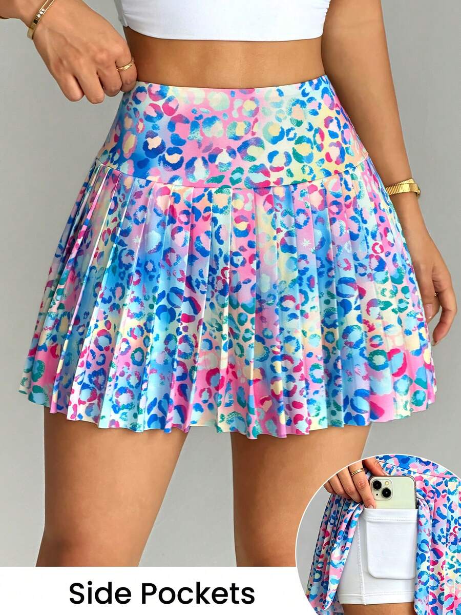 SHEIN Sovereign Charm Women's Leopard Print Pleated Casual Versatile Daily Wear & Sports Skort - Multicolor - View 1