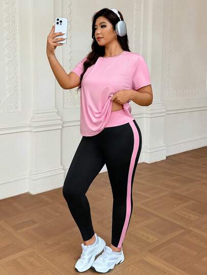 SHEIN Rhythm Era 大码女式纯色短袖上衣和裤子休闲运动套装