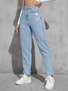 Women's Light Wash Distressed Tapered Casual Jeans - Baby Blue - View 1