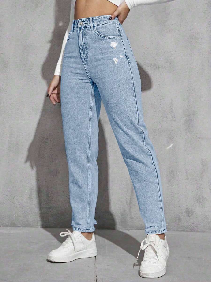 Women's Light Wash Distressed Tapered Casual Jeans - Baby Blue - View 1