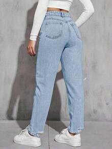 Women's Light Wash Distressed Tapered Casual Jeans - Baby Blue - View 2