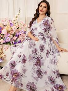 Modelyn Plus Size Women Floral Print Flare Sleeve Elegant Dress - Red Violet - View 1