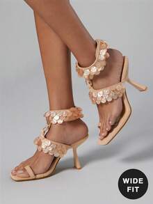 SHUZIA Wide Fit Ladies Minimalist Ankle Strap Stiletto Heel Sandals With Shell Ornaments - Beige - View 2