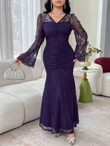 Modelyn Women's Solid Color V-Neck Lace Patchwork Fitted Elegant Long Sleeve Mini Dress - Purple - View 2