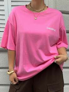 Dazy Plus Loose Fit Letter Print Round Neck Pink Short Sleeve Casual Plus Size T-Shirt, Street Style For Spring/Summer - Hot Pink - View 6