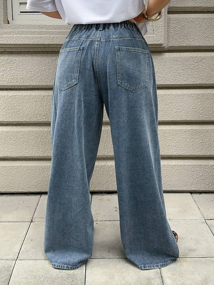 Dazy Plus Vintage Washed Western Loose Distressed Plus Size Street Style Long Jeans For Women, Spring/Summer