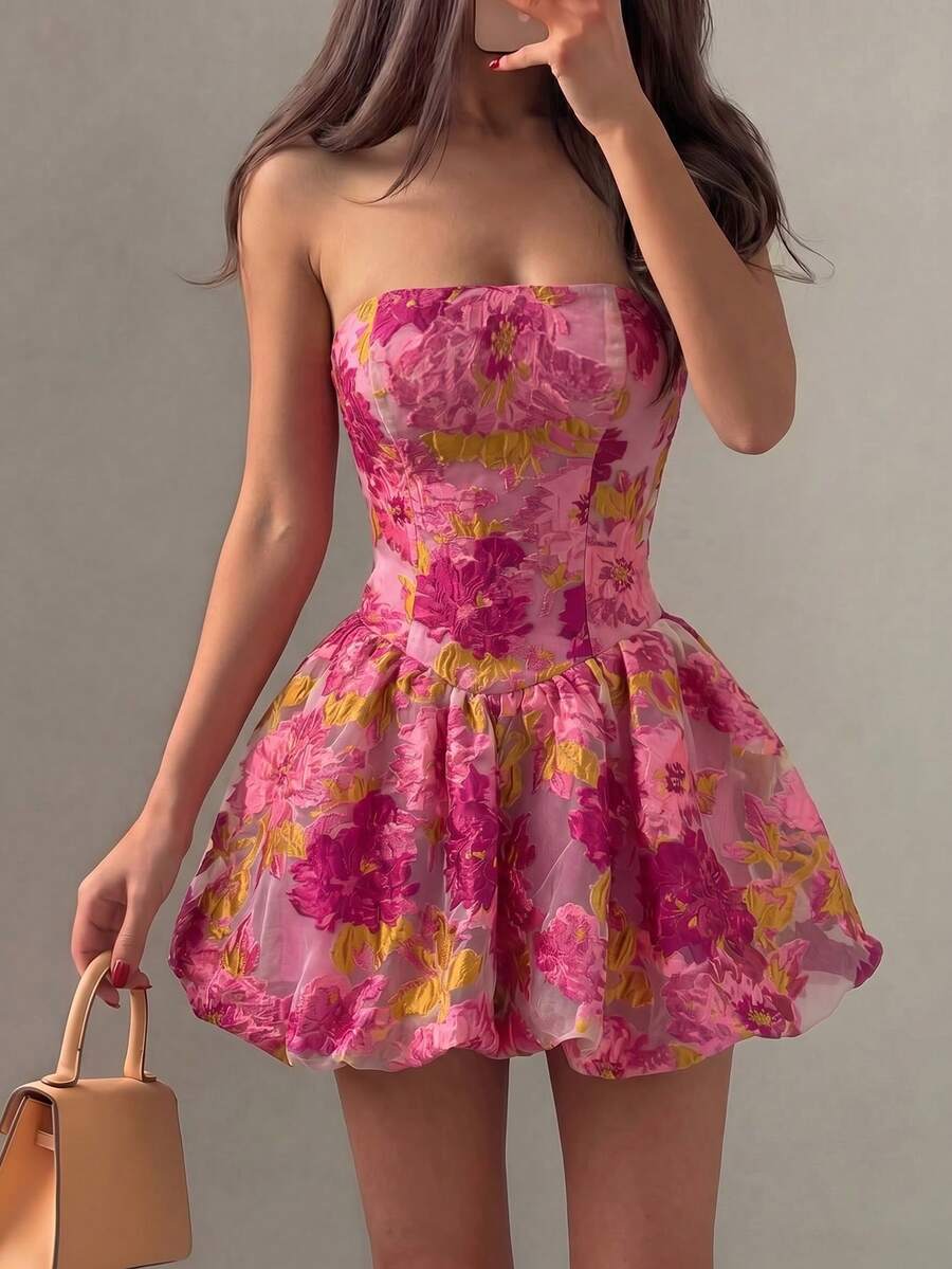 女士玫红色多色提花刺绣抹胸迷你连衣裙，带衬里，时尚派对度假性感迷你连衣裙，女士红色连衣裙