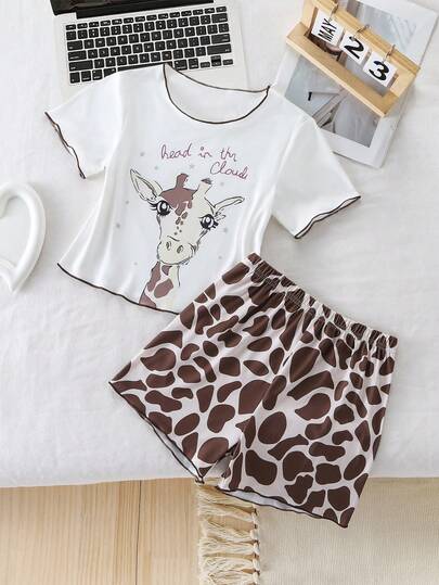 2pcs/Set Girls' Spring Minimalist Fashion Versatile Ribbed Short Sleeve Shorts Knit Soft Cute Giraffe & Leopard Print Pajamas, Best Gift For Tween GirlsSuitable For Indoor Wear And Outings