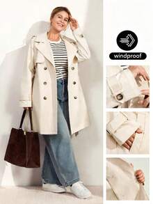 Momelise Plus Size Women's Elegant White Casual Trench Coat,Autumn Office Solid Color Long Sleeve Lapel Double-Breasted Windbreaker,Commuting Coat Fall - Apricot - View 1