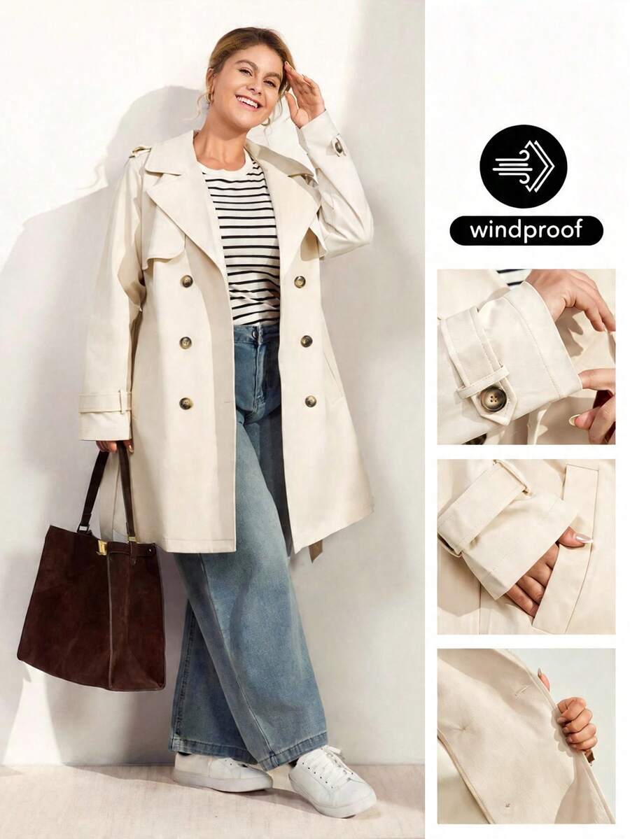 Momelise Plus Size Women's Elegant White Casual Trench Coat,Autumn Office Solid Color Long Sleeve Lapel Double-Breasted Windbreaker,Commuting Coat Fall - Apricot - View 1