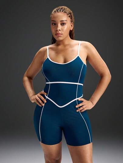 Powerista Bộ áo liền quần thể thao hở lưng, phối viền tương phản, dành cho nữ cỡ lớn mùa hè.