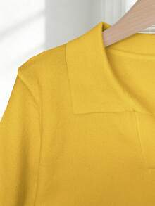 Franclia Women's Simple Solid Color Turndown Collar Short Sleeve Casual Fitted Knit Top, Versatile For Spring/Summer - Mustard Yellow - View 4