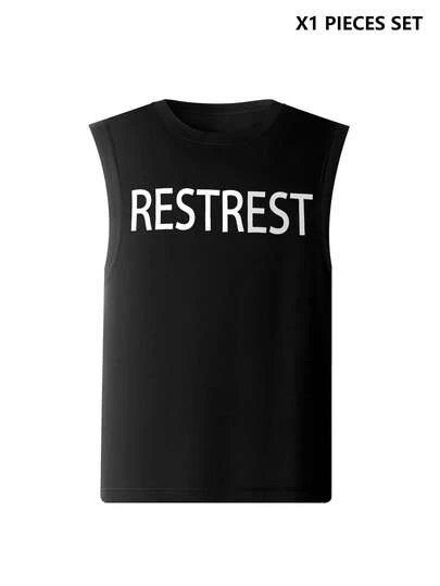 Débardeur basique décontracté pour hommes, noir avec imprimé lettre blanche ample, polyvalent pour toutes les saisons