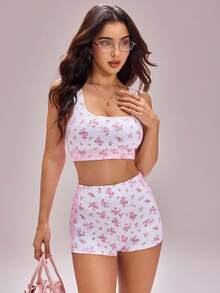 FavEase 2pcs/Set Women's Deep U-Neck Racerback Sports Bra And Ditsy Floral Shorts For Outdoor Workout - White - View 5