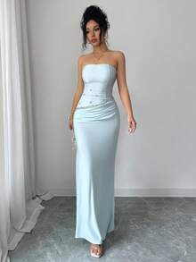 Elenzga Đầm cocktail thanh lịch, lãng mạn, tinh tế dành cho nữ, không dây vai, thắt eo, đính ngọc trai và kim cương. - Màu xanh Bạc hà - Xem 6