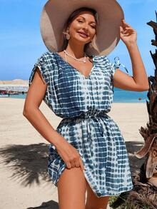 Swim Lushoire 女士V领扎染印花罩衫连衣裙，适合夏季、复活节、音乐节、波西米亚风、海滩派对、夏季海滩度假等场合。 - 藍色 - 查看 5