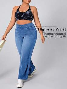 SHEIN CURVE+ Quần jean denim dệt kim co giãn dáng thường ngày dành cho nữ cỡ lớn - Rửa nhẹ - Xem 6