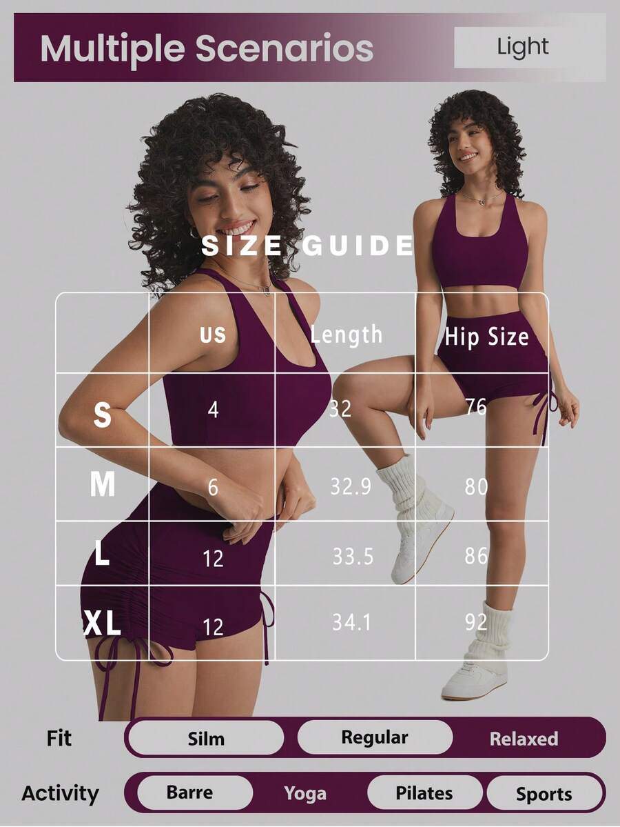 Seamluxe SHEIN Sport Fashion Peach Hip Lifting Yoga Shorts With Drawstring, Tight Fitting, Elastic High Waist, Suitable For Workout, Running, Fitness Orange Twilight - Purple - View 1