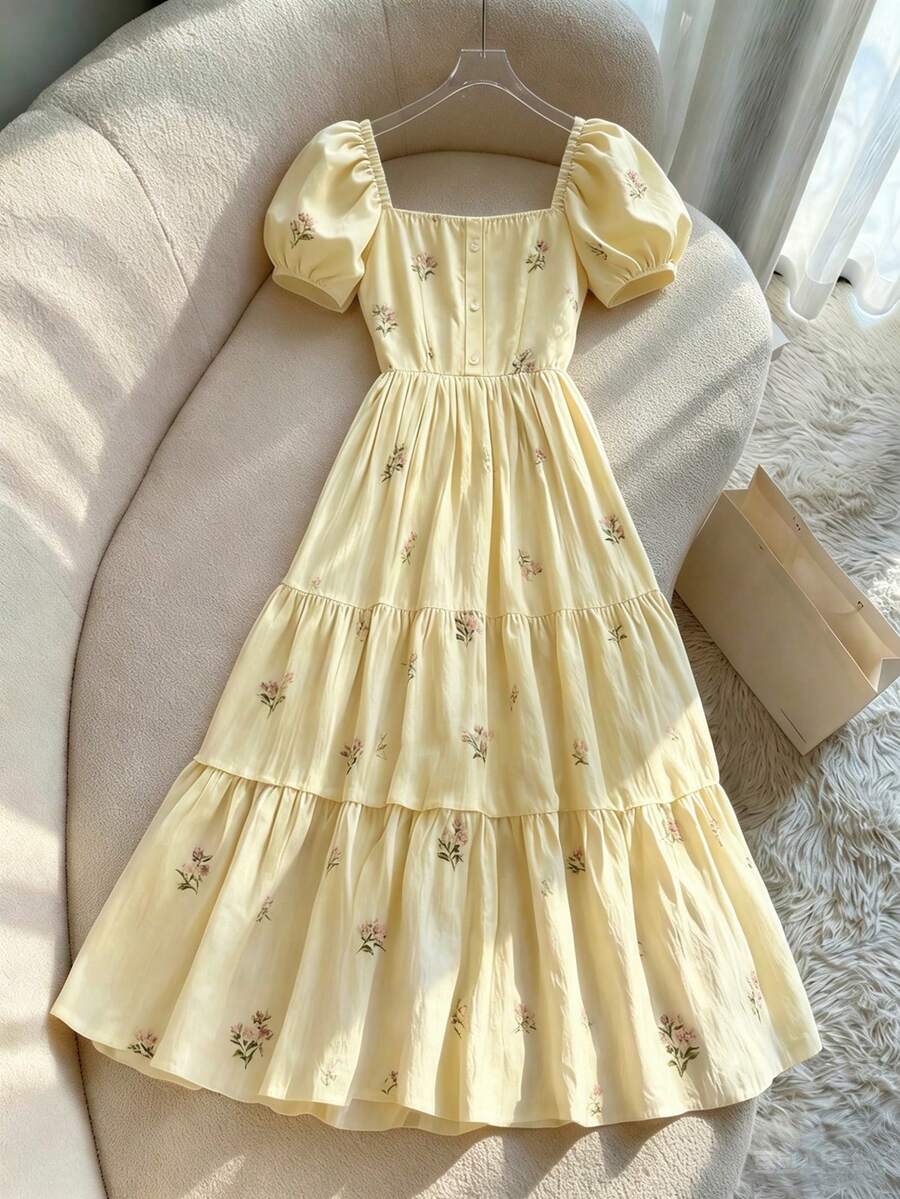 Franclia Vestido de diseño con cuello cuadrado, mangas de pétalos, abotonadura sencilla y volantes en la cintura con estampado floral francés delicado - Amarillo - Ver 1