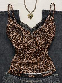 Glimmora Sexy Lace Patchwork Leopard Print Camisole Top For Summer Vacation - Multicolor - View 2