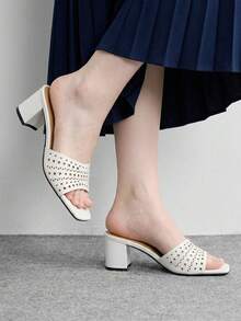 CUCCOO BIZCHIC Ladies Burgundy Hollow Upper High Heel Sandals, Square Toe Comfort High Heel Sandals Commuter Style Sandals Summer Shoes - White - View 1